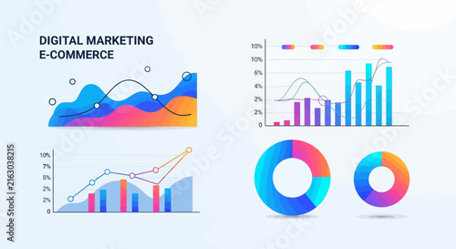 Digital marketing e-commerce. Vector set of colorful marketing charts. Professional business infographic elements for online shop sales analytics. Modern gradient design for financial statistics