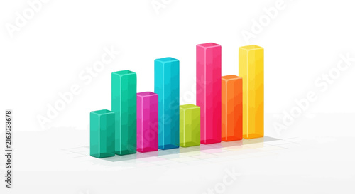 Colorful vertical bar chart vector illustration. Pastel 3D rectangular blocks on white background. Abstract data visualization set for business infographic, financial report