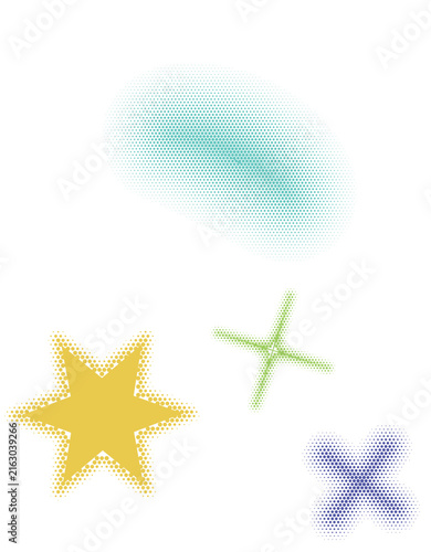 Abstract halftone graphic design elements featuring colorful stars plus sign and organic blob shapes for creative digital projects and modern posters.
