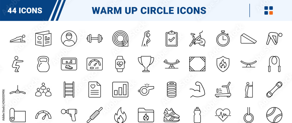 Naklejka premium Warm Up Circle line icon set. Vector pictograms of fitness, stretch, exercise, and mobility elements, thin linear illustration.