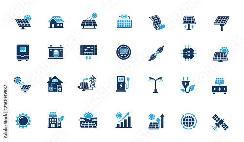 Set of solar energy and renewable power icons representing sustainable technology and green electricity solutions for modern homes