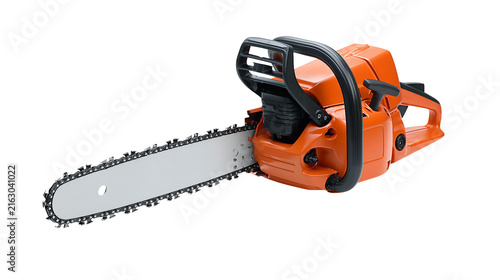 Fotografie Orange chainsaw with black handle and metal chain