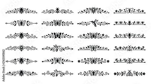 Vintage floral dividers with butterflies and birds, 24 decorative line art ornaments, elegant black filigree borders for wedding invitations