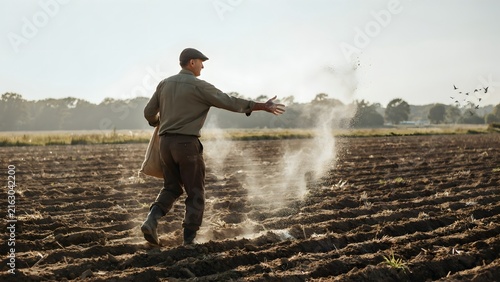Man Sowing Seeds in a Field During Golden Hour Light