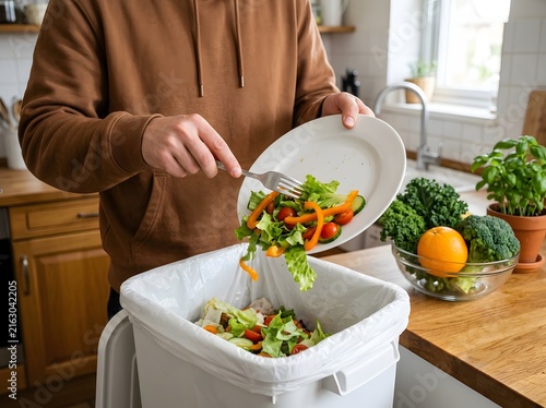 Person scraping leftover salad from a plate into a kitchen trash can filled with food waste