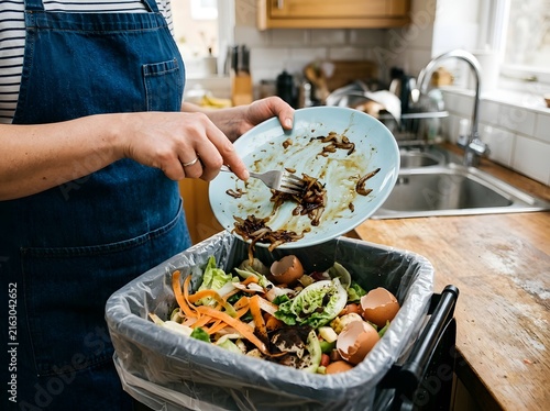 Woman scraping leftover food from a plate into a compost bin in the kitchen with scraping, leftovers