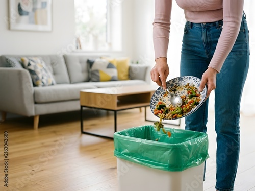 Woman scraping leftover food from a plate into a compost bin in the living room with scraping