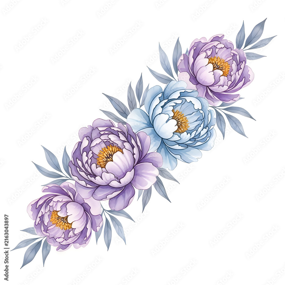 Obraz premium Watercolor floral border with purple and white peony flowers