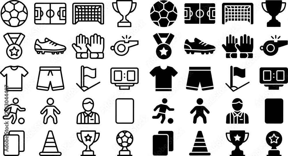 Fototapeta premium Soccer icon set with 40 football elements. Black line and solid vector icons for sports apps, tournament equipment, and match statistics. ,Clean grouped each Icon