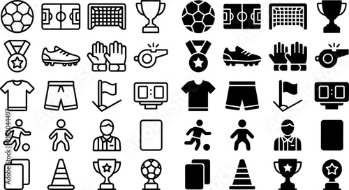 Soccer icon set with 40 football elements. Black line and solid vector icons for sports apps, tournament equipment, and match statistics. ,Clean grouped each Icon