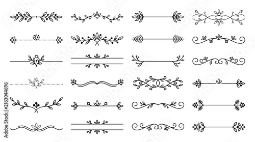 Vintage floral dividers, set of 24 decorative line borders. Hand drawn botanical ornaments for wedding invitations and elegant stationery.