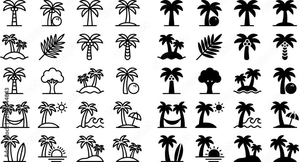 Fototapeta premium Tropical palm tree icons set, 40 black line and silhouette palm tree vectors, summer beach vacation symbols for travel branding ,Clean grouped each Icon