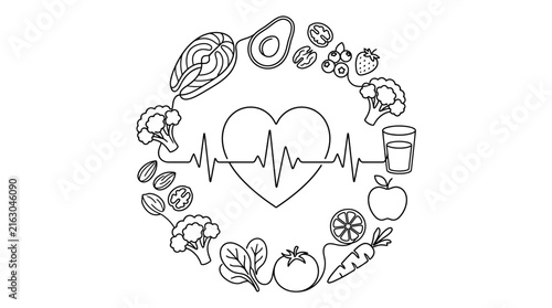 Hand drawn doodle illustration of healthy food items arranged in a circle around a heart with a pulse line.