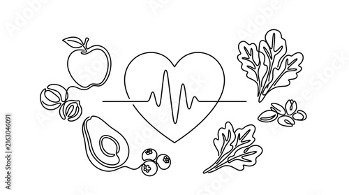 Healthy eating and lifestyle concept line art illustration with heart symbol and fresh food icons.