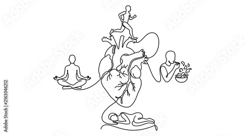 Continuous line art illustration representing heart health through exercise diet meditation and sleep.