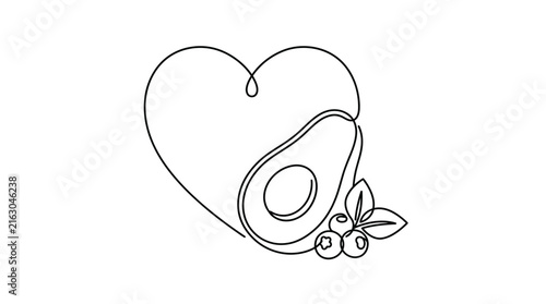 Continuous one line drawing of heart shape with avocado and blueberries.