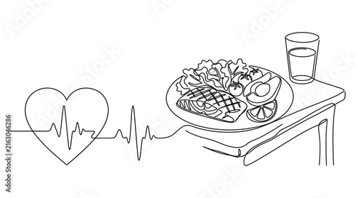 Continuous line art illustration of a healthy lifestyle with a heart beat pulse leading to a nutritious meal and a glass of water on a table.