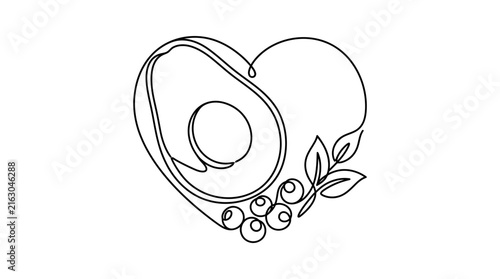 Continuous line art of a heart shape formed by an avocado and blueberries.