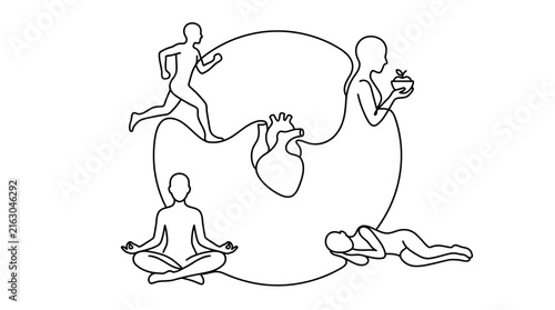 Healthy lifestyle concept with human heart and daily habits line art.