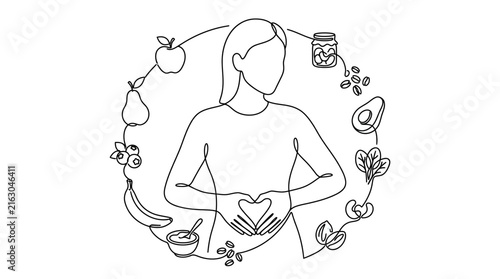 Continuous line drawing of a woman holding her stomach with healthy food icons.
