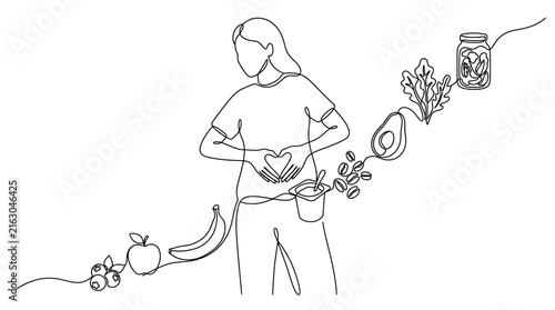 Continuous line drawing of a woman holding her stomach surrounded by healthy food.