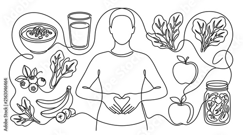 Continuous line art illustration of a woman promoting healthy gut digestion and balanced nutrition.