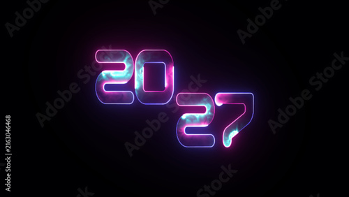 Futuristic 2027 numbers typography rendered with purple and turquoise liquid cosmic texture inside neon frames typography turquoise