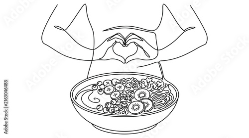 Continuous line art of a person making a heart shape over a fruit smoothie bowl.