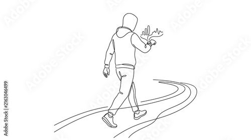 A line art illustration of a person walking while checking their fitness tracker watch.