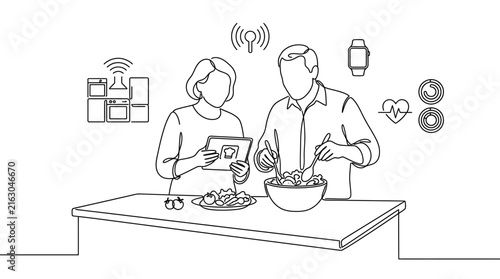 Senior couple using smart technology while preparing healthy food in kitchen.
