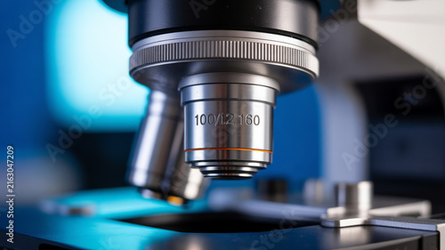 Close-up of a Microscope Objective Lens with Magnification Details Visible science laboratory