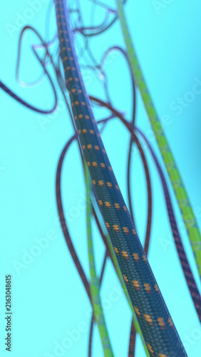 3d render of climbing rope against a bright blue background. vertical backdrop
