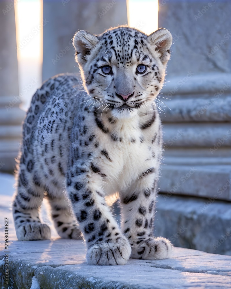 Naklejka premium A snow leopard cub in a shifting stone colonnade