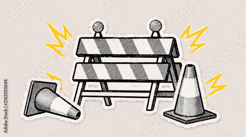 Pop Art Halftone Road Barrier with Traffic Cones, Construction Zone and Road Safety Concept in Torn Paper Collage Style
