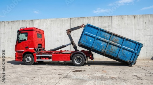 Red hook lift truck unloading a blue industrial waste container
