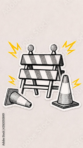 Pop Art Halftone Road Barrier with Traffic Cones, Construction Zone and Road Safety Concept in Torn Paper Collage Style, Vertical bg