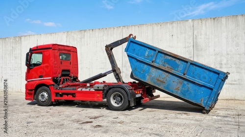 Red hook lift truck loading a blue container in an industrial area