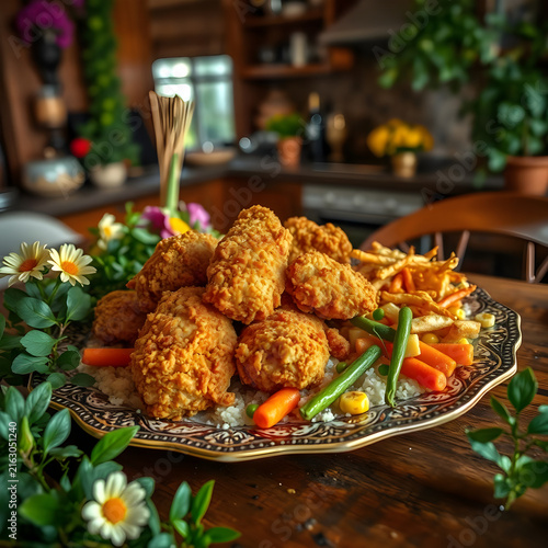 Appetizing Homemade Fried Chicken with Colorful Vegetable Garnishes Presented on an Ornate Plate in a Rustic Kitchen Setting