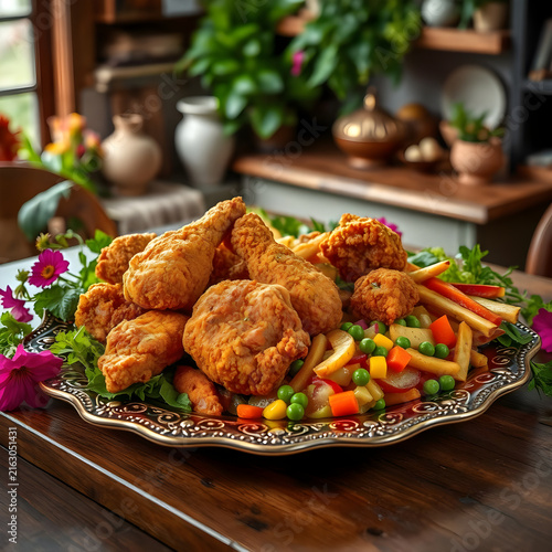 Golden Crispy Fried Chicken Dinner Surrounded by Fresh Vegetables, Flowers and Lush Greenery in a Warm Cozy Kitchen