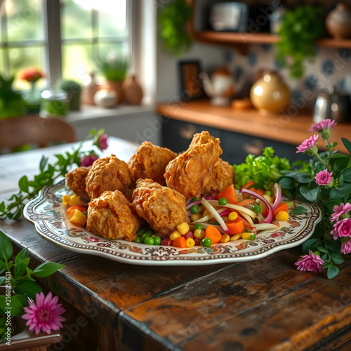 Delicious Golden Brown Fried Chicken with Fresh Carrots, Peas and Corn Served on an Elegant Decorative Plate