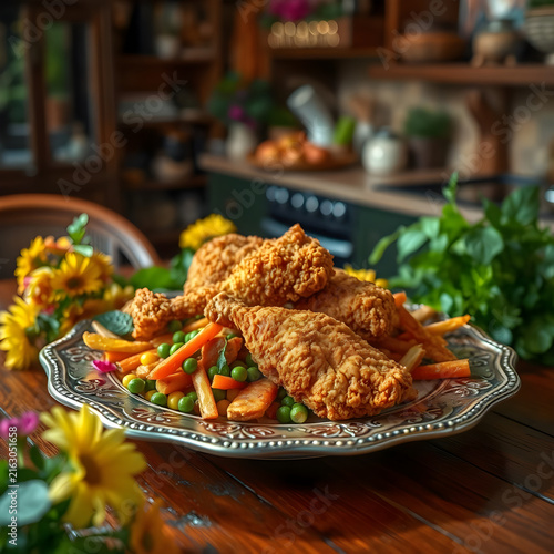 Crispy Golden Fried Chicken Served with Colorful Fresh Vegetables on an Ornate Plate in a Cozy Rustic Kitchen