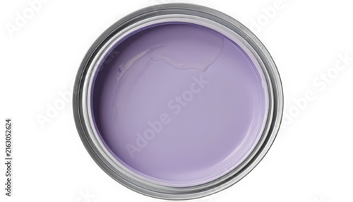Open paint can with lavender purple liquid paint isolated on transparent background