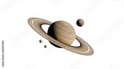 Saturn and its Moons Isolated on a White Background planet solar system