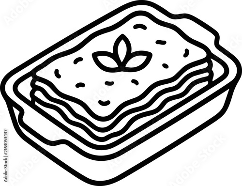 Hand-drawn illustration of a layered lasagna in a baking dish, garnished with basil leaves, black and white.