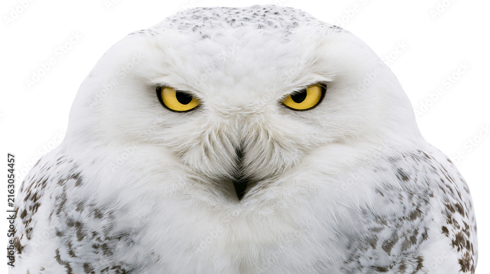 Fototapeta premium Snowy owl with bright yellow eyes and white speckled feathers