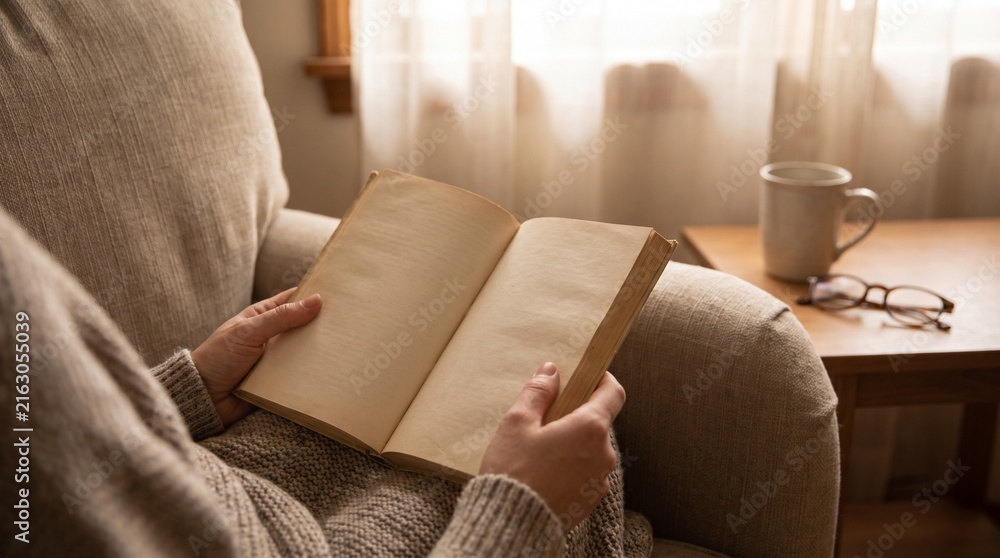 Obraz premium Hands Holding Open Vintage Blank Book in Cozy Living Room with Warm Natural Window Light and Morning Coffee