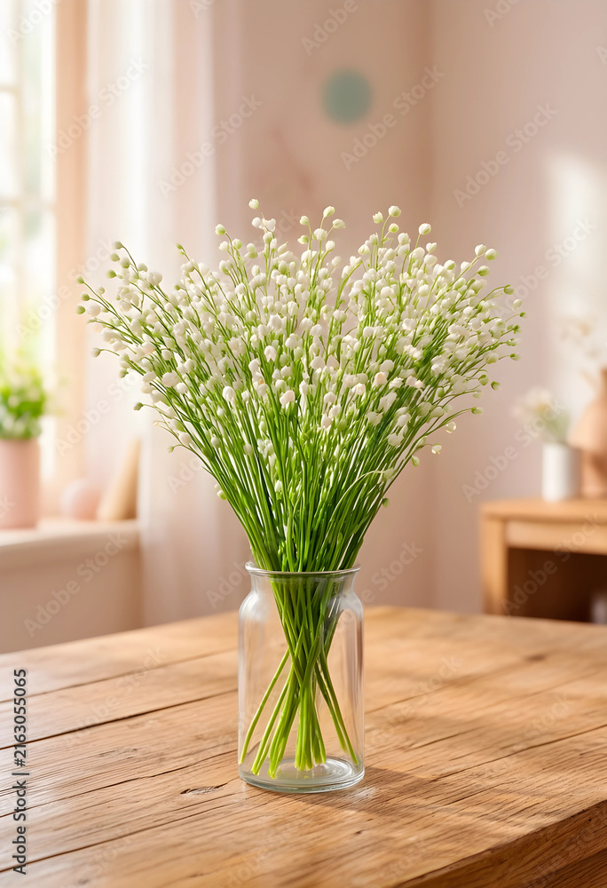 Fototapeta premium Spring floral decoration and home interior design, fresh white flowers in a glass vase on a rustic wooden table