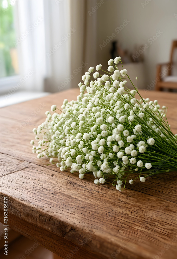 Fototapeta premium Floral decoration and natural beauty, white babys breath flowers on a rustic wooden table indoors, wedding and event decor