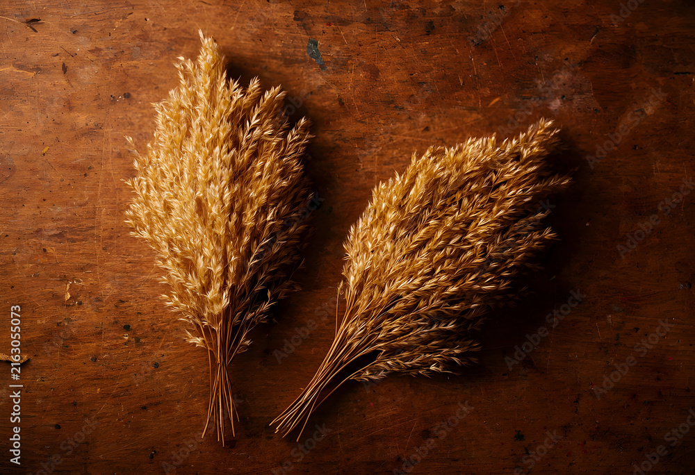 Fototapeta premium Autumn harvest and rustic decor, dried golden wheat bundles on a dark wooden table, natural fall season background