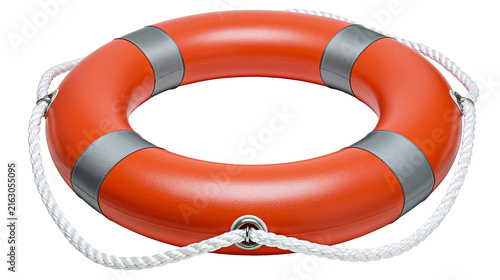 Konstfotografi Orange life preserver ring with silver bands and white rope
